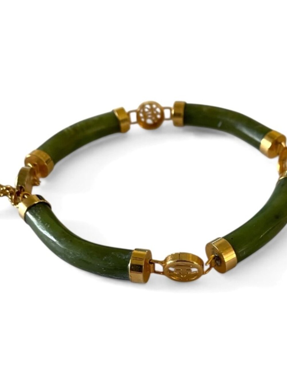 Vtg Chinese Nephrite Jade Bracelet Gold Tone Safety Chain 80’s